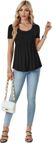 Rooscier Women's Scoop Neck Short Sleeve Tunic Flowy Ruffle Hem Casual Blouse Peplum Top in Saudi Arabia