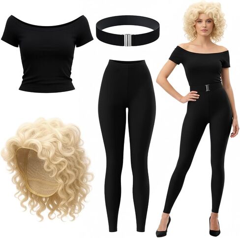 Mepase Halloween Role Playing Costumes Women Slim Short Top Black Fitting Leggings Elastic Waistband Blonde Curly Short Wig in Saudi Arabia