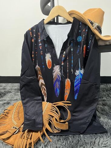 Women's Casual crewl Neck Shirt Loose Fit Spring and Autumn Long Sleeve Printed T-Shirt Tops Fashion Blouse Black in Saudi Arabia