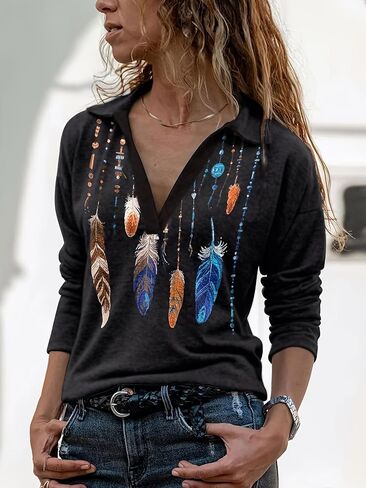 Women's Casual crewl Neck Shirt Loose Fit Spring and Autumn Long Sleeve Printed T-Shirt Tops Fashion Blouse Black in Saudi Arabia