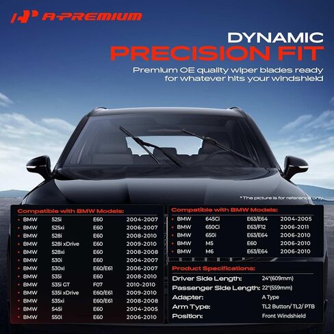 A-Premium Pack of 2 Windshield Wiper Blades with Wear Indicator & Towel - Compatible with BMW 525i, 525xi, 528i 535i xDrive, 528xi, 530i, 530xi, 535xi - 24" and 22", TL2 Button/TL2/PTB Connector in Saudi Arabia