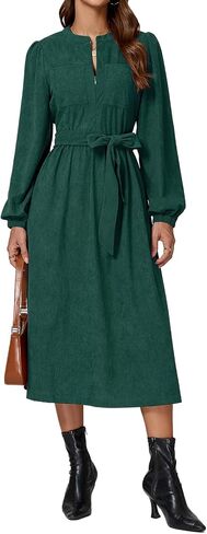 Corduroy Dress Women Long Puff Sleeve Zip Up Vintage Fall Winter Midi Dress with Belt in Saudi Arabia