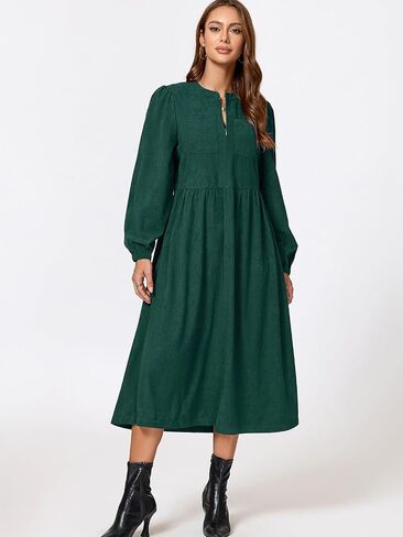 Corduroy Dress Women Long Puff Sleeve Zip Up Vintage Fall Winter Midi Dress with Belt in Saudi Arabia