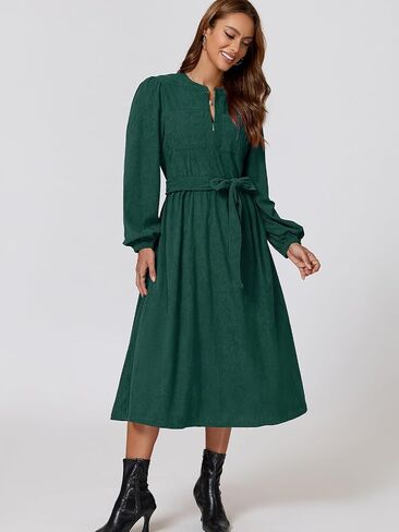 Corduroy Dress Women Long Puff Sleeve Zip Up Vintage Fall Winter Midi Dress with Belt in Saudi Arabia