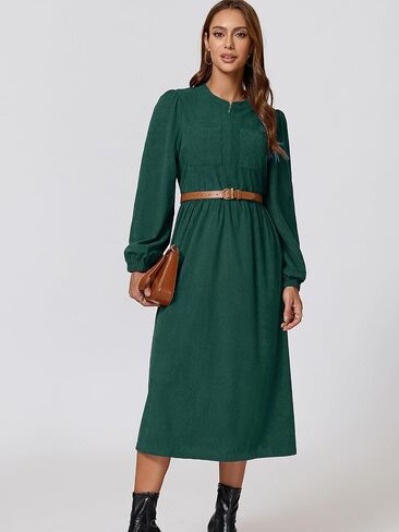 Corduroy Dress Women Long Puff Sleeve Zip Up Vintage Fall Winter Midi Dress with Belt in Saudi Arabia