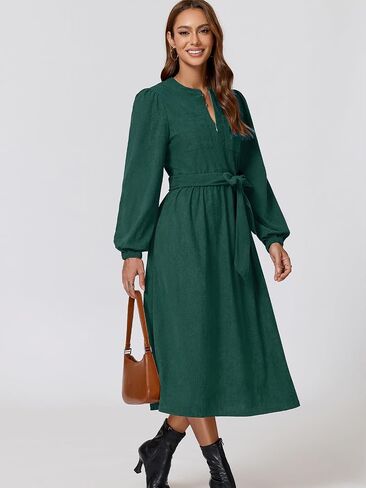 Corduroy Dress Women Long Puff Sleeve Zip Up Vintage Fall Winter Midi Dress with Belt in Saudi Arabia