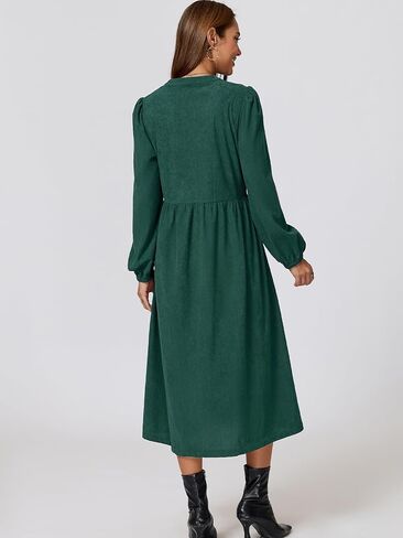 Corduroy Dress Women Long Puff Sleeve Zip Up Vintage Fall Winter Midi Dress with Belt in Saudi Arabia
