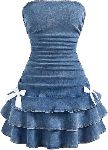 MakeMeChic Women's Layered Ruffle Denim Mini Dress Strapless Bandeau Bow Jean Dresses in Kuwait
