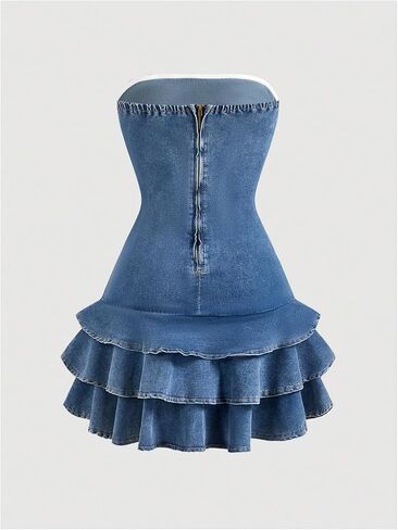 MakeMeChic Women's Layered Ruffle Denim Mini Dress Strapless Bandeau Bow Jean Dresses in Kuwait