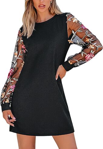 CUPSHE Mini Dresses for Women Round Neck Sheer Long Sleeve Floral Knit A Line Fall Casual Dress in Saudi Arabia