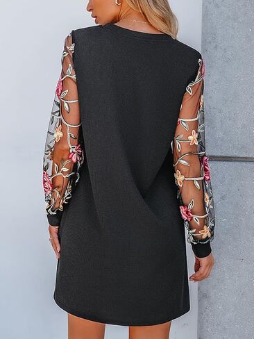 CUPSHE Mini Dresses for Women Round Neck Sheer Long Sleeve Floral Knit A Line Fall Casual Dress in Saudi Arabia