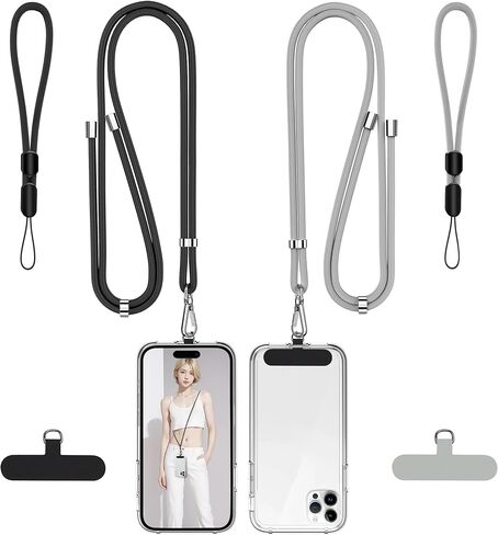 takyu Phone Lanyard, 2 Pack Adjustable Cell Phone Lanyard Crossbody Neck Strap & 2 Pack Phone Wrist Strap with Tether Tabs Compatible for iPhone Android Smartphones-Black Grey in Kuwait