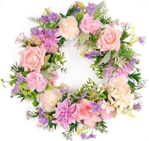 Peony Summer Wreaths for Front Door Summer Outside Artificial Rose Daisy Wreaths 18 Inches Wildflowers Greenery Leaves Wreath for All Seasons Farmhouse Home Wall Indoor Outdoor Window Decor in Kuwait