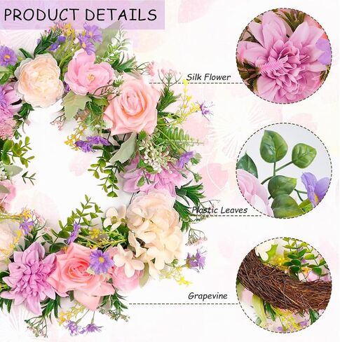 Peony Summer Wreaths for Front Door Summer Outside Artificial Rose Daisy Wreaths 18 Inches Wildflowers Greenery Leaves Wreath for All Seasons Farmhouse Home Wall Indoor Outdoor Window Decor in Kuwait