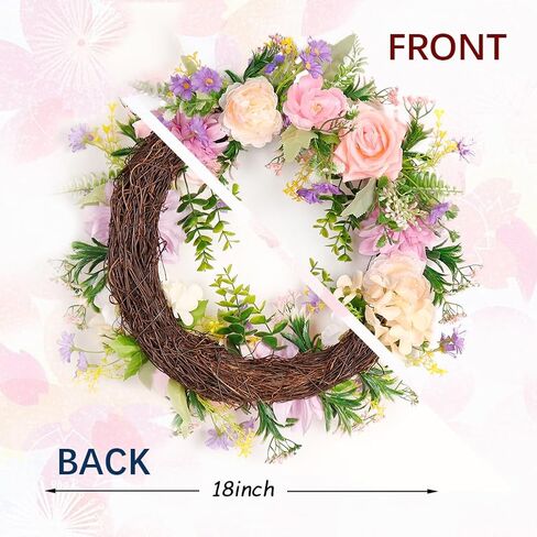 Peony Summer Wreaths for Front Door Summer Outside Artificial Rose Daisy Wreaths 18 Inches Wildflowers Greenery Leaves Wreath for All Seasons Farmhouse Home Wall Indoor Outdoor Window Decor in Kuwait
