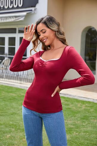 TAIPOVE Fleece Lined Square V Neck Tops for Women Long Sleeve Undershirt Lace Trim Ruched T Shirt Thermal Slim Basic Layer in Saudi Arabia