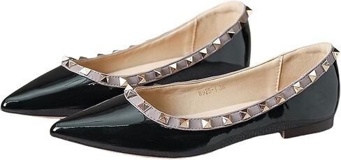 Women Patent Leather Studded Rivet Closed Shallow Mouth Comfortable Dress Walking Flat Shoes Fashion Pointed Toe Slip On Flats for Daily Party Office in Saudi Arabia