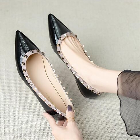 Women Patent Leather Studded Rivet Closed Shallow Mouth Comfortable Dress Walking Flat Shoes Fashion Pointed Toe Slip On Flats for Daily Party Office in Saudi Arabia