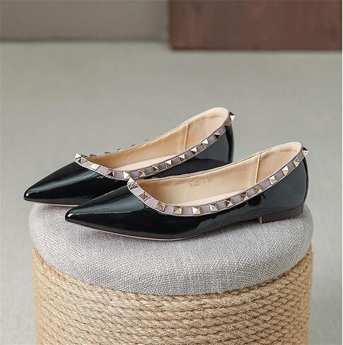 Women Patent Leather Studded Rivet Closed Shallow Mouth Comfortable Dress Walking Flat Shoes Fashion Pointed Toe Slip On Flats for Daily Party Office in Saudi Arabia