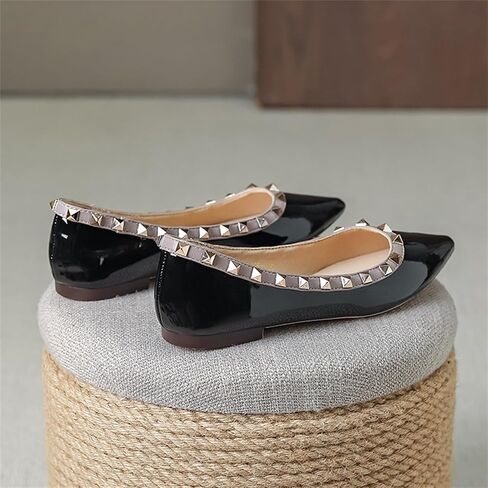 Women Patent Leather Studded Rivet Closed Shallow Mouth Comfortable Dress Walking Flat Shoes Fashion Pointed Toe Slip On Flats for Daily Party Office in Saudi Arabia
