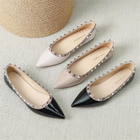 Women Patent Leather Studded Rivet Closed Shallow Mouth Comfortable Dress Walking Flat Shoes Fashion Pointed Toe Slip On Flats for Daily Party Office in Saudi Arabia