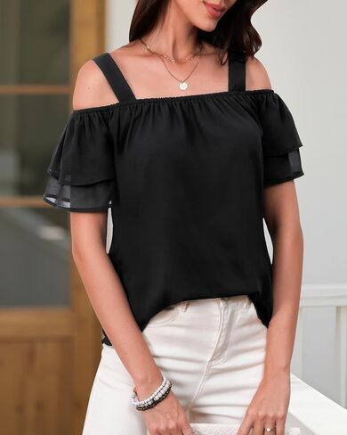 Women's Casual Tops Short Sleeve Cold Shoulder Shirts Loose Square Neck T Shirts Blouse in Saudi Arabia