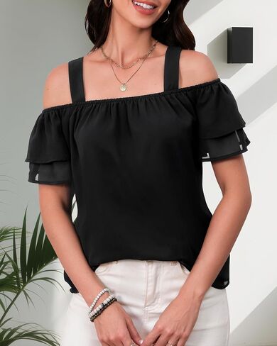 Women's Casual Tops Short Sleeve Cold Shoulder Shirts Loose Square Neck T Shirts Blouse in Saudi Arabia