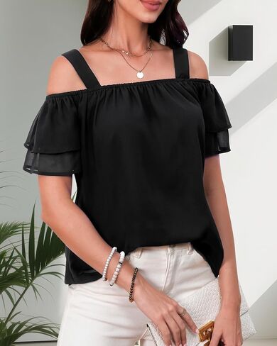 Women's Casual Tops Short Sleeve Cold Shoulder Shirts Loose Square Neck T Shirts Blouse in Saudi Arabia