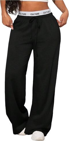 WDIRARA Women's Letter Tape Drawstring Waist Wide Leg Sweatpants Athletic Workout Baggy Pants with Pockets in Saudi Arabia