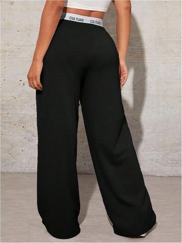 WDIRARA Women's Letter Tape Drawstring Waist Wide Leg Sweatpants Athletic Workout Baggy Pants with Pockets in Saudi Arabia