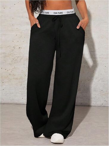 WDIRARA Women's Letter Tape Drawstring Waist Wide Leg Sweatpants Athletic Workout Baggy Pants with Pockets in Saudi Arabia