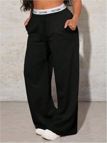 WDIRARA Women's Letter Tape Drawstring Waist Wide Leg Sweatpants Athletic Workout Baggy Pants with Pockets in Saudi Arabia