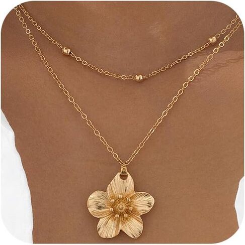 Charm Gold Flower Y2k Layered Necklaces for Women Statement, Trendy Vintage Chunky Metal Pleated Floral Pendant Necklace Hawaiian Party Jewelry Gifts in Saudi Arabia