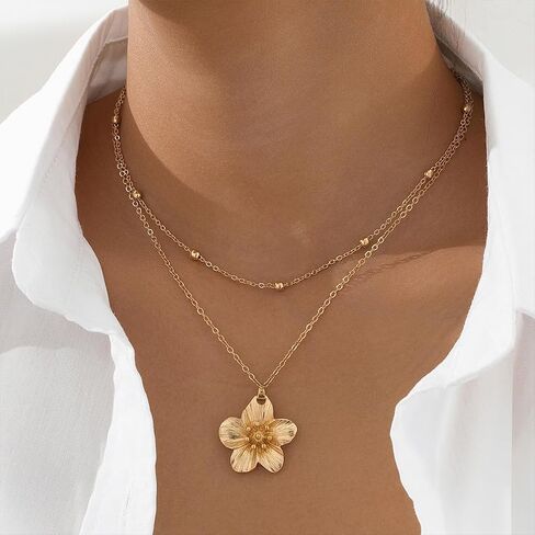 Charm Gold Flower Y2k Layered Necklaces for Women Statement, Trendy Vintage Chunky Metal Pleated Floral Pendant Necklace Hawaiian Party Jewelry Gifts in Saudi Arabia
