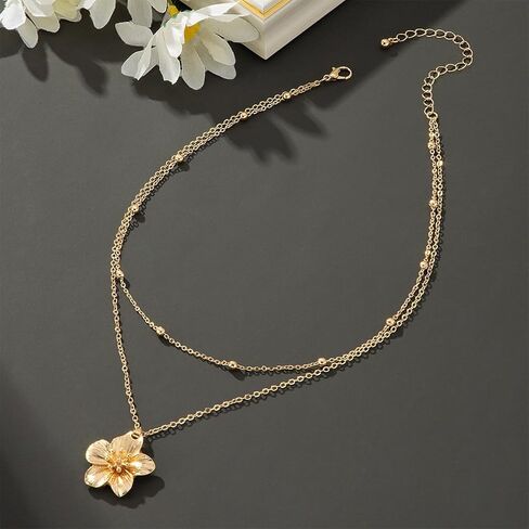 Charm Gold Flower Y2k Layered Necklaces for Women Statement, Trendy Vintage Chunky Metal Pleated Floral Pendant Necklace Hawaiian Party Jewelry Gifts in Saudi Arabia
