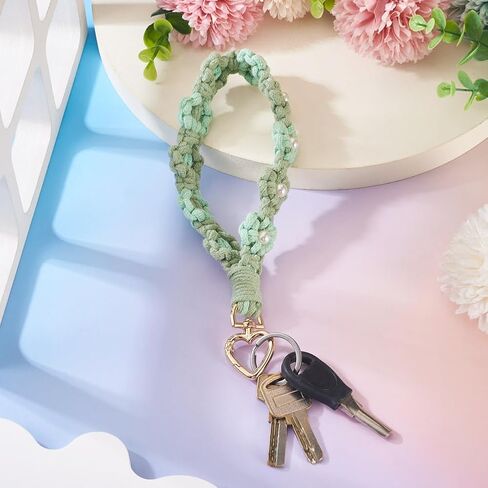 1Pc Cotton Braided Flower Wristlet Keyring 7.88 inch Long Hand-woven Keychain Pendant Decorations with Alloy Heart Clasp in Saudi Arabia