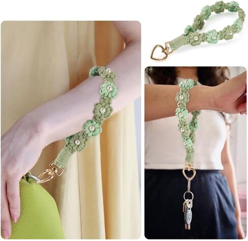 1Pc Cotton Braided Flower Wristlet Keyring 7.88 inch Long Hand-woven Keychain Pendant Decorations with Alloy Heart Clasp in Saudi Arabia