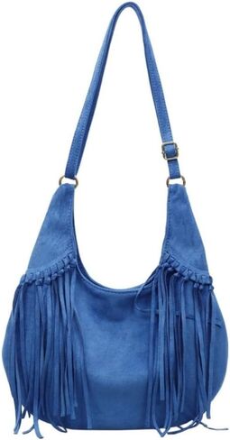 Women's Frosted Fringe Hobo Bag, Suede Leather Fashion Underarm Shoulder Purse, Novelty Tassel Bucket Crossbody Bag in Kuwait