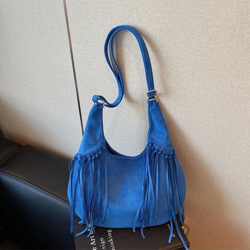 Women's Frosted Fringe Hobo Bag, Suede Leather Fashion Underarm Shoulder Purse, Novelty Tassel Bucket Crossbody Bag in Kuwait