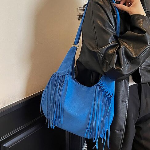 Women's Frosted Fringe Hobo Bag, Suede Leather Fashion Underarm Shoulder Purse, Novelty Tassel Bucket Crossbody Bag in Kuwait