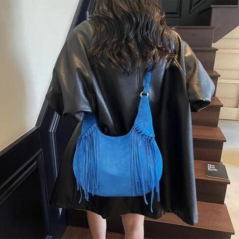 Women's Frosted Fringe Hobo Bag, Suede Leather Fashion Underarm Shoulder Purse, Novelty Tassel Bucket Crossbody Bag in Kuwait