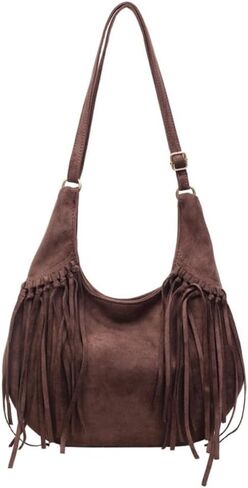Women's Frosted Fringe Hobo Bag, Suede Leather Fashion Underarm Shoulder Purse, Novelty Tassel Bucket Crossbody Bag in Kuwait