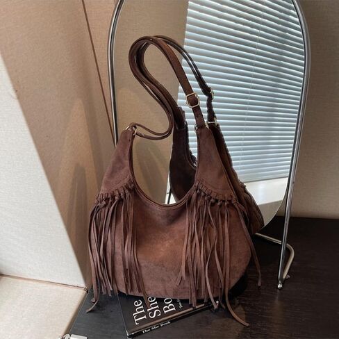 Women's Frosted Fringe Hobo Bag, Suede Leather Fashion Underarm Shoulder Purse, Novelty Tassel Bucket Crossbody Bag in Kuwait