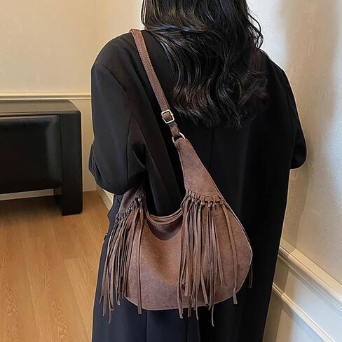 Women's Frosted Fringe Hobo Bag, Suede Leather Fashion Underarm Shoulder Purse, Novelty Tassel Bucket Crossbody Bag in Kuwait