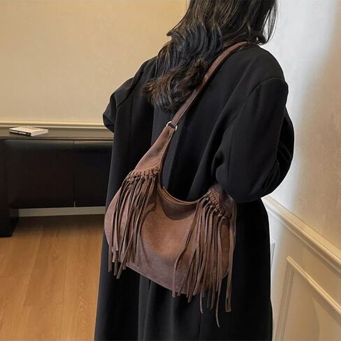 Women's Frosted Fringe Hobo Bag, Suede Leather Fashion Underarm Shoulder Purse, Novelty Tassel Bucket Crossbody Bag in Kuwait