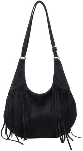 Women's Frosted Fringe Hobo Bag, Suede Leather Fashion Underarm Shoulder Purse, Novelty Tassel Bucket Crossbody Bag in Kuwait