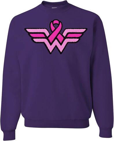wild custom apparel Pink Breast Cancer Awareness Fuzzy Chenille Fluffy Patch Fabric Crewneck Sweatshirt in Saudi Arabia
