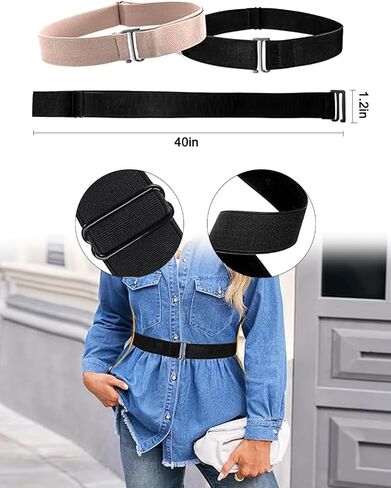 Generic 2 Pack Women's Invisible Elastic Belt, Stretch Belt for Women, Adjustable Strap Belt with Flat Buckle, Black, Khaki, Size Adjustable in Saudi Arabia