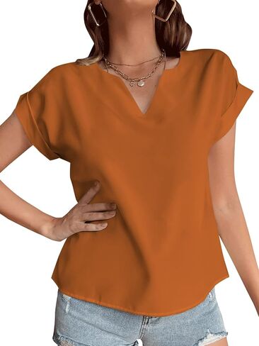 Women's Casual Notched V Neck Rolled Short Sleeve Work Blouse T-Shirt Top in Saudi Arabia