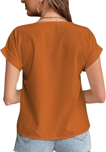 Women's Casual Notched V Neck Rolled Short Sleeve Work Blouse T-Shirt Top in Saudi Arabia